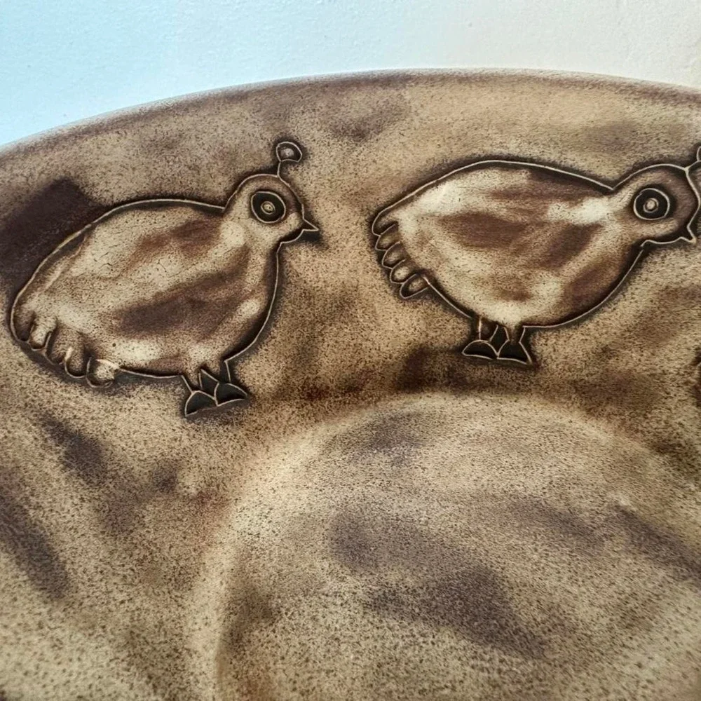Mary 4 Mexico brown and tan ceramic plate with baby quail and bushes